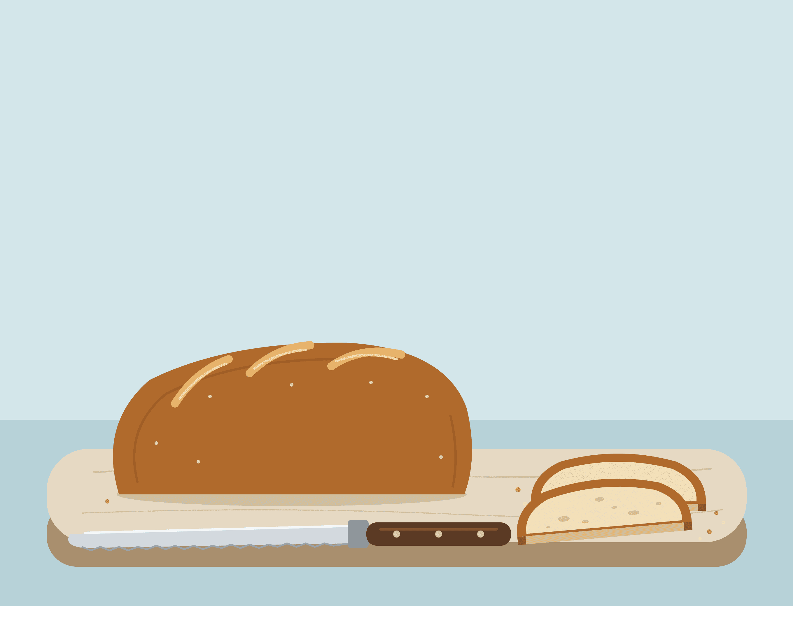 Illustration of a bread loaf, slices, and a bread knife on a board