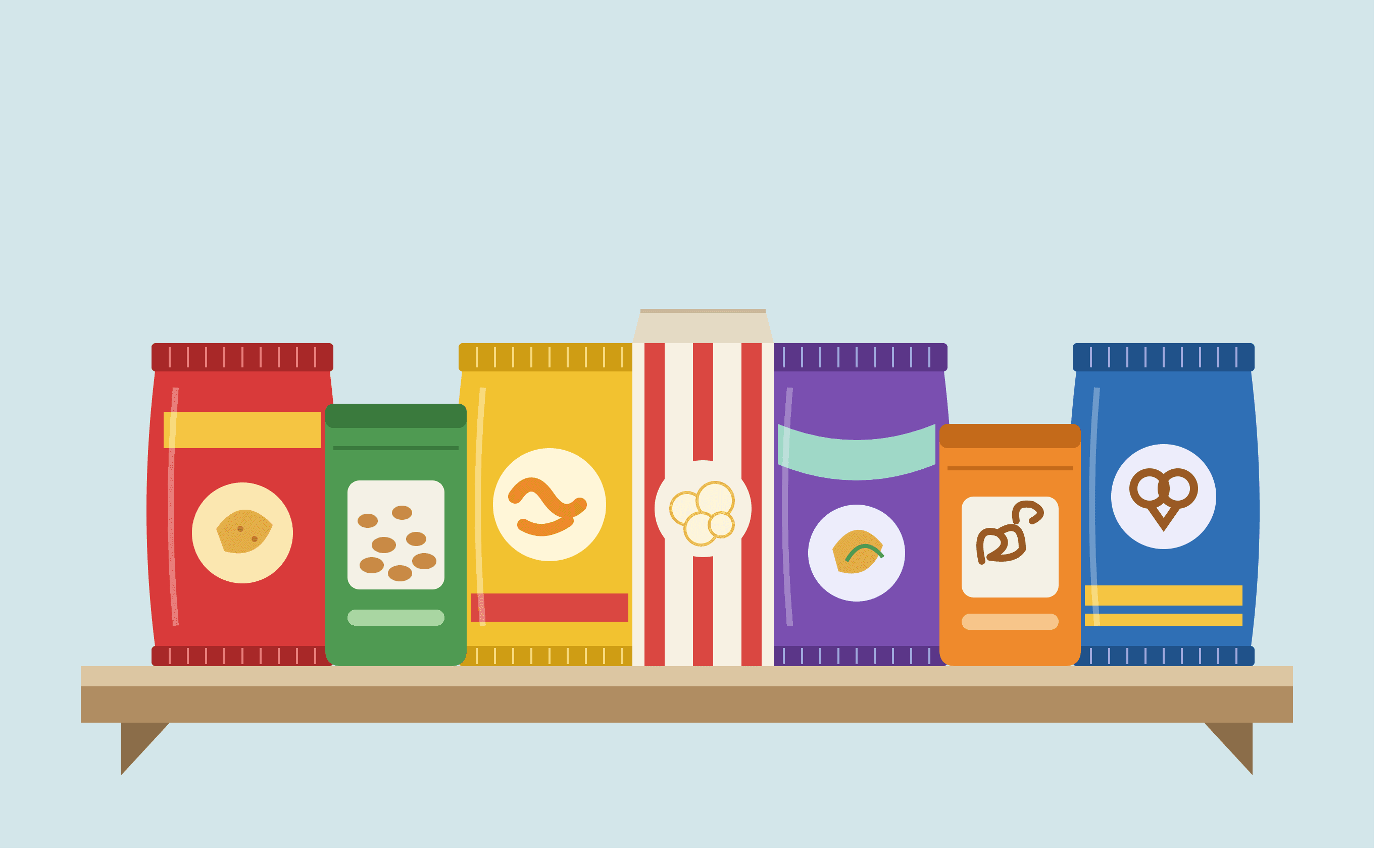 Illustration of colorful snack bags packed together on a shelf