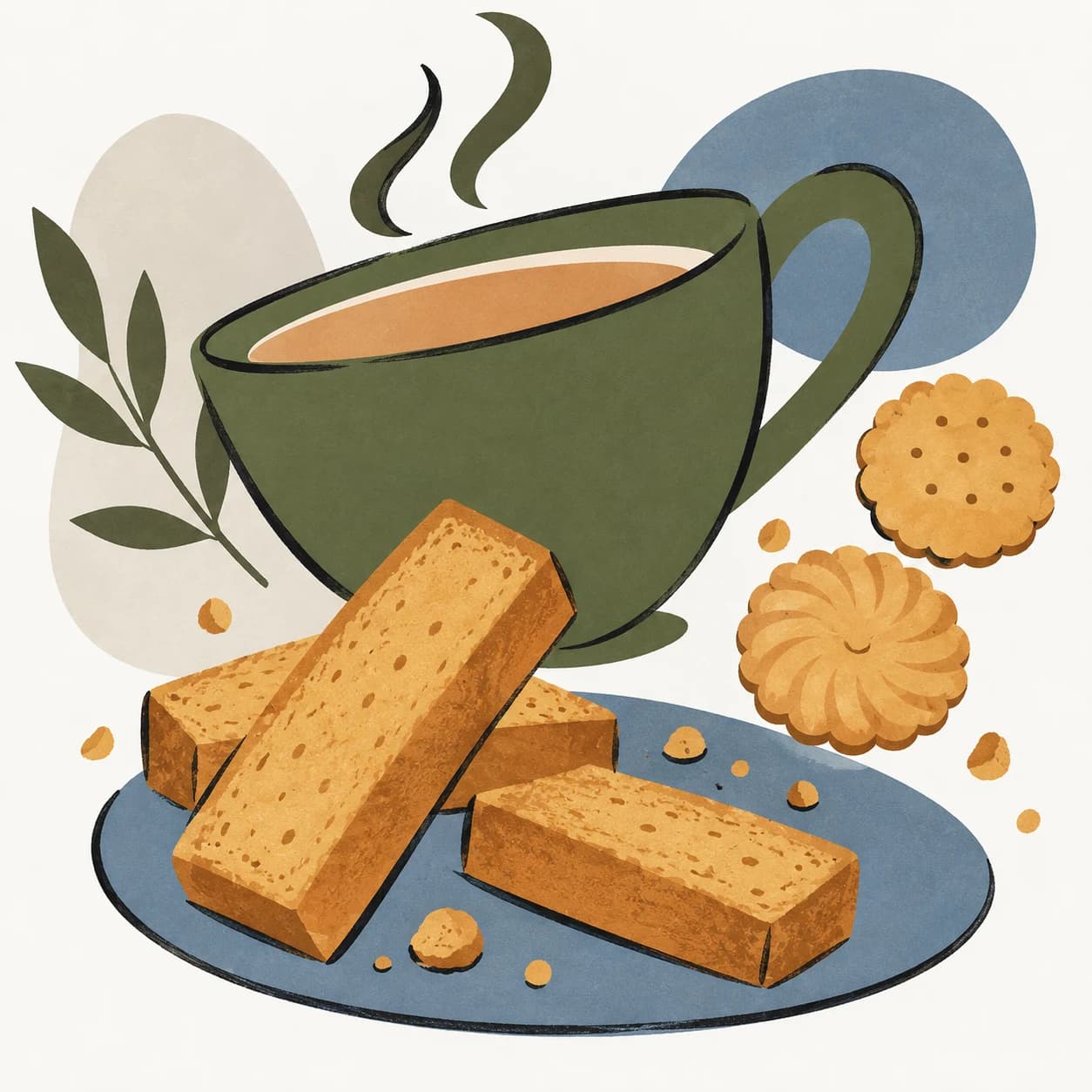 Abstract illustration of an olive teacup, golden rusks, and biscuits on a blue plate