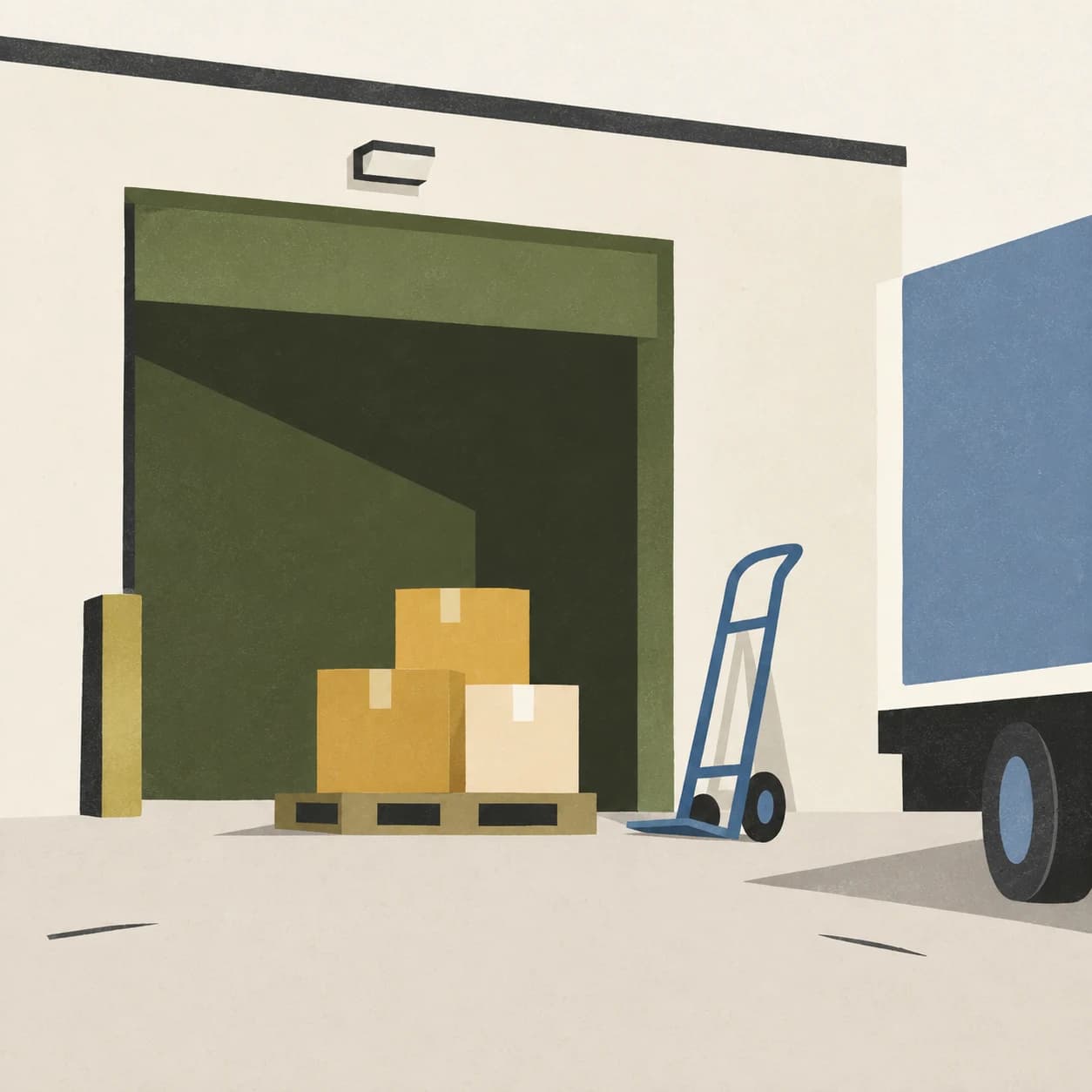 Abstract illustration of cartons and a hand truck beside a loading dock