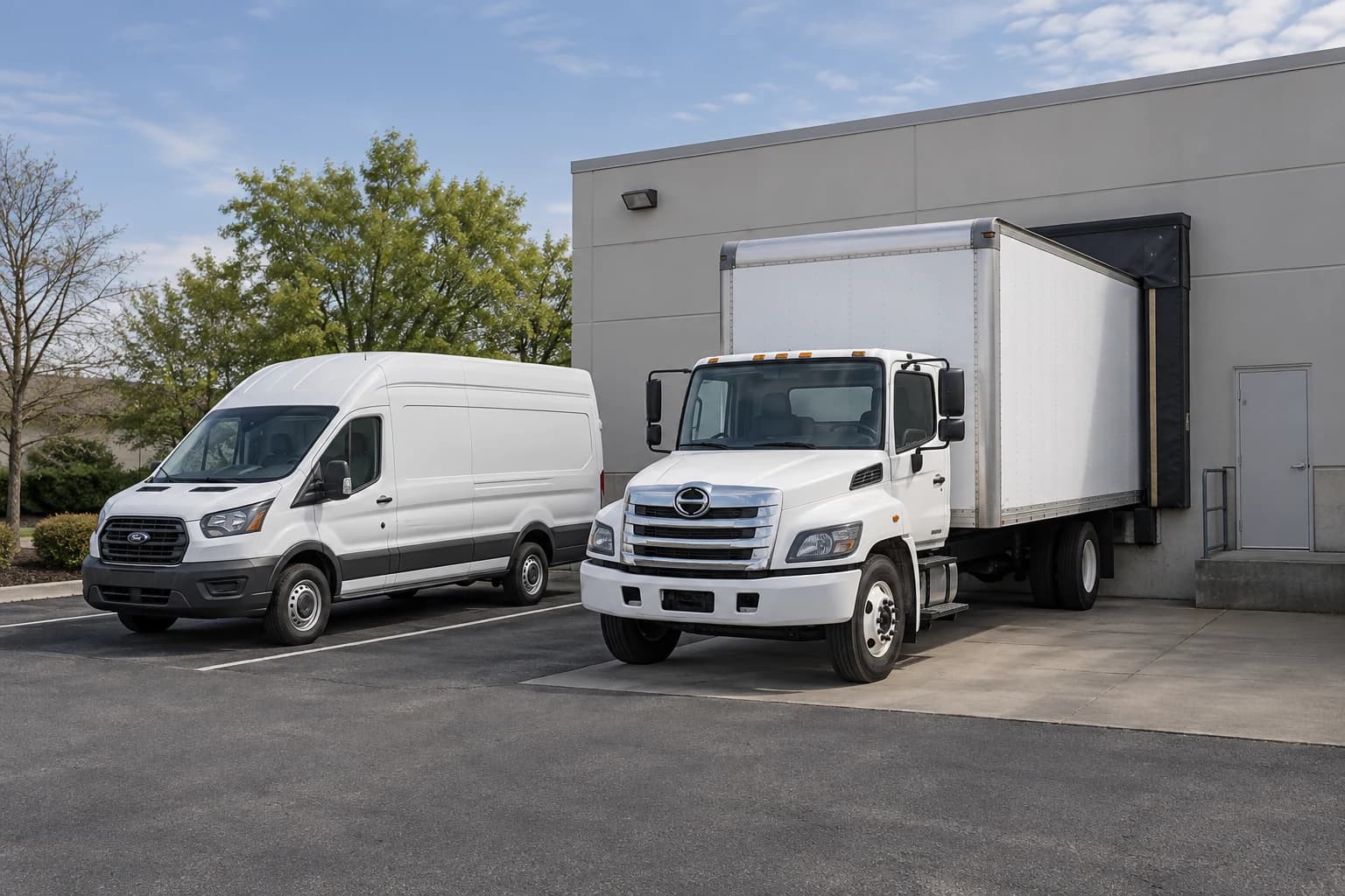 Illustrative scene of a white cargo van and box truck beside a warehouse loading dock